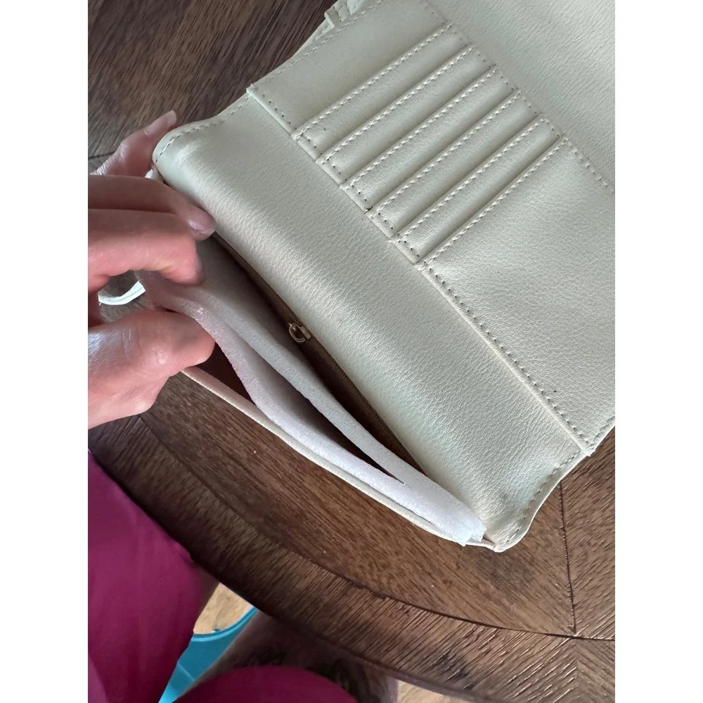 Madden Girl Cream Faux Leather Bow Wristlet Wallet Cream Gold Tone Logo